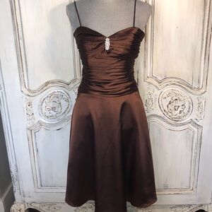 Cindy USA Coco Brown Satin Pleated Bodice Embellished Spaghetti Strap Dress S/M